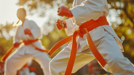 Karateka s intense focus on opponent in olympic sport   symbol of concentration and readinessの素材