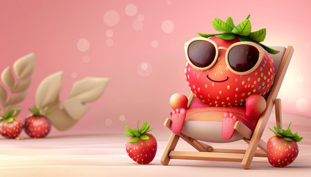 Chill strawberry in sunglasses on beach chair, summer vibes, pastel background with copy spaceの素材