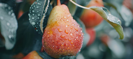 Macro shot of ripe pear with water droplets on tree, ideal for banner with text spaceの素材