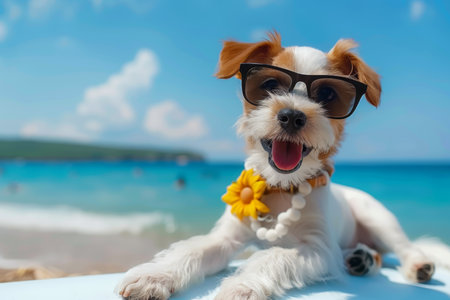 Adorable dog surfing with style in sunglasses and flower chain on summer ocean vacationの素材