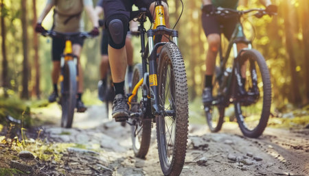 Group of cyclists enjoying a ride together on a scenic dirt path in a tranquil rural environmentの素材
