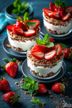 Elegance in simplicity  dessert with fresh strawberries and whipped cream adornmentの素材