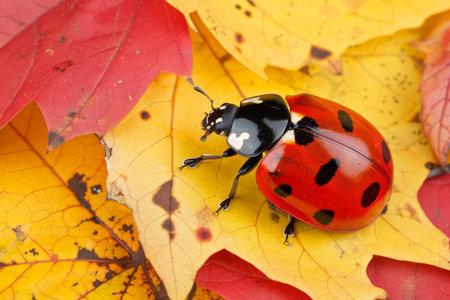 Ladybug perched on a vivid green leaf, adding vibrancy and life to the natural settingの素材