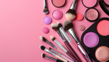 Cosmetic palette and makeup brushes illuminated by soft natural light, banner with room for textの素材