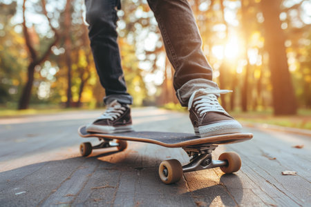 Young male skateboarder showcasing skills on city streets in vibrant urban settingの素材