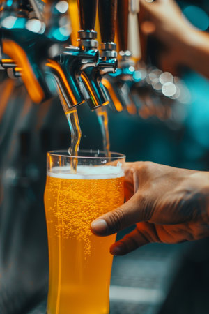 Bartender s hands pouring beer from tap in a close up view for a refreshing drink experienceの素材