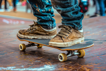 Close up of a young man skateboarding in the city streets, urban skateboarding lifestyleの素材