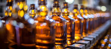 Efficient whiskey bottling process at a classic factory setting for optimal productionの素材