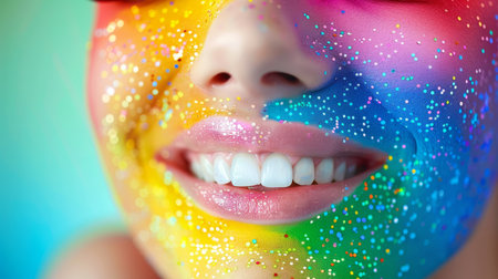 Vibrant celebration  a woman s colorful smile shines brightly in a world of dazzling colorsの素材