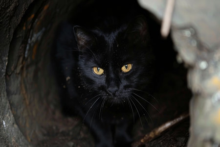 Futuristic tunnel setting  black cat with yellow eyes in dark environment, ideal for text placementの素材