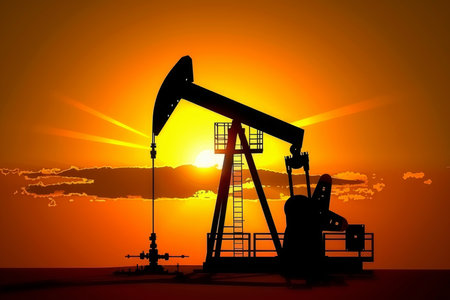 Silhouetted oil pump in operation at drilling site against stunning colorful sunset skyの素材