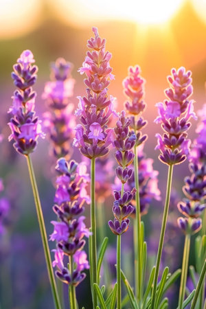 Captivating view of a french lavender field bathed in the enchanting colors of a beautiful sunsetの素材