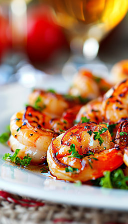 Delectable grilled shrimp showcased elegantly on a flawless white serving platterの素材