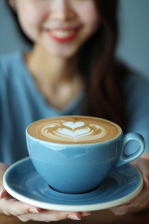 Young woman enjoying coffee at cafe table, fresh brew, blurred background with text spaceの素材