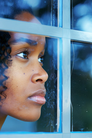 Woman with curly hair looking pensively out of a window with a melancholic expressionの素材