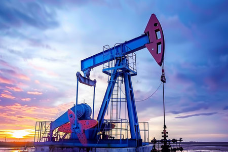 Silhouetted oil pump against vibrant sunset sky in scenic view of oil drilling operationの素材