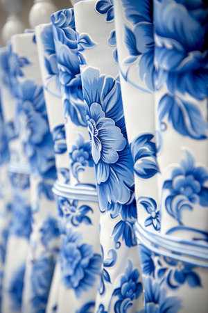 Close up view of intricate blue and white patterned fabric texture for search relevanceの素材