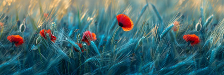 Vivid sunset field  beautiful nature background with red poppy flowers in the serene evening lightの素材