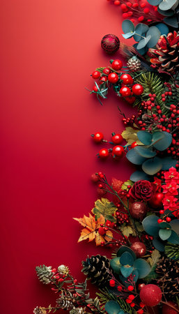 Festive christmas and new year decoration ornaments on red background with space for textの素材
