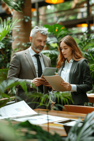 Male executive and female employee collaborating on tablet discussing business strategyの素材