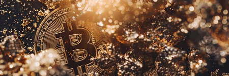 Bitcoin gold coins against blurred financial chart background for market analysisの素材