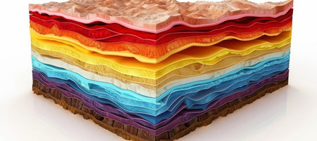 3d cross section of land and river showing soil, rock layers, and water passages on white backgroundの素材