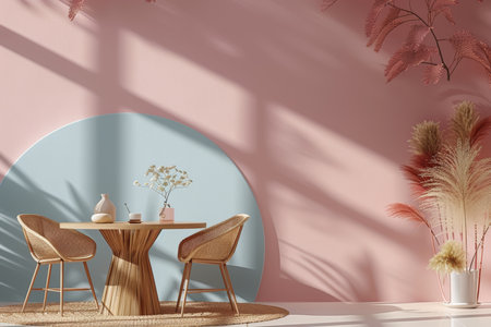 Chic scandinavian dining room with rustic wooden table and pastel colored chairsの素材