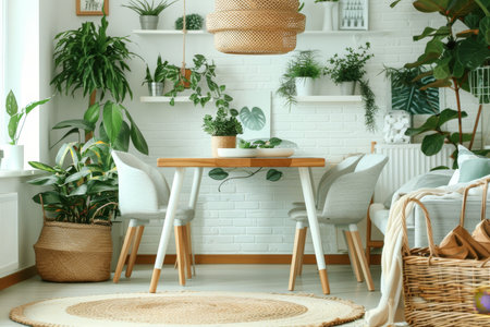 Elegant scandinavian dining room wooden table with soft pastel colored chairs for a stylish touchの素材