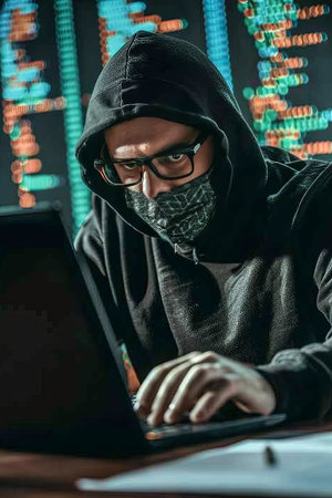 Cybercriminal at computer engaging in dark web hacking, illustrating cybersecurity threatsの素材