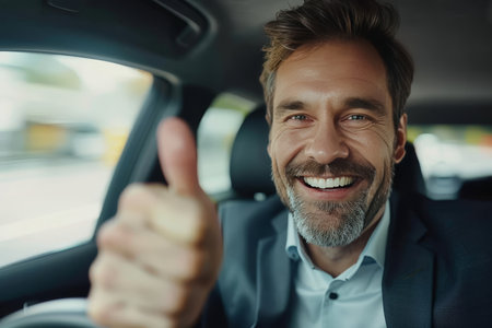 Successful businessman driving luxury car, smiling and giving thumbs up, close up viewの素材