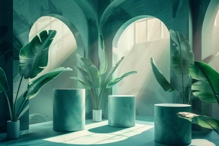 Luxurious white podium for showcasing products in a stunning tropical garden environmentの素材