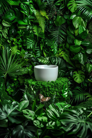 Stylish white podium for showcasing products in a lush and vibrant tropical garden environmentの素材
