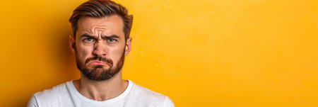 Vivid red haired man portrait on soft pastel background with ample space for text placementの素材