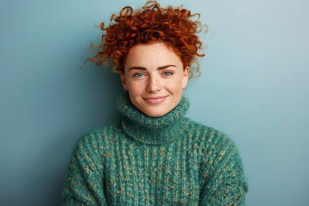 Vibrant red haired girl portrait on pastel background with ample space for accommodating textの素材