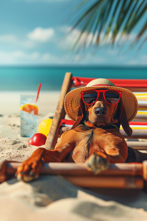 Chillaxing canine  animated dog enjoying summer vibes on beach chair with shades and cold drinkの素材