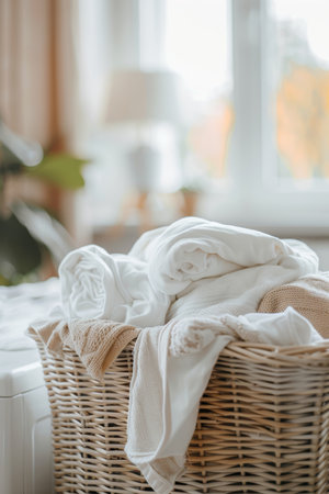 Laundry basket and washing machine with copy space on blurred background for text placementの素材