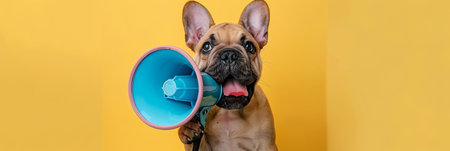 Delightful small dog making an announcement through a megaphone in a captivating mannerの素材
