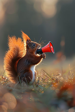 Squirrel humorously announcing news with megaphone in a delightful wildlife sceneの素材