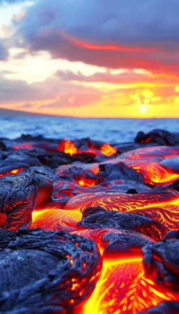 Aerial view of volcanic eruption with molten lava flowing from mount in the eveningの素材