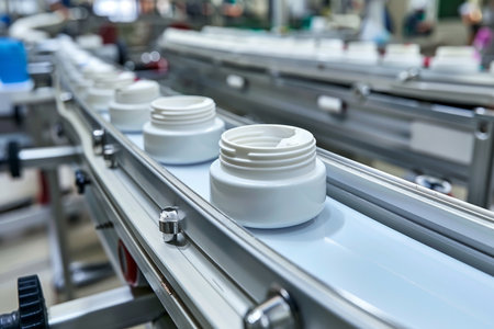 Cosmetic bottling assembly line in traditional factory environment for standard productionの素材