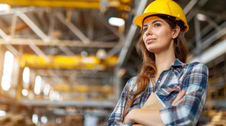 Female architect overseeing construction project with blueprints on site wearing a hard hatの素材