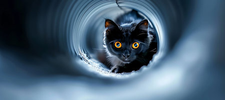 Futuristic tunnel setting  black cat with yellow eyes, dark background, copy spaceの素材