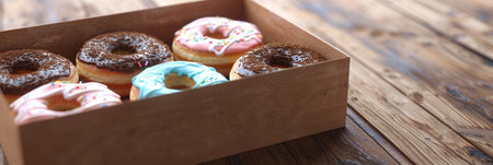 Exaggerated hyper realistic box of donuts with a glossy finish, enticing and lifelikeの素材