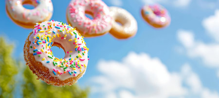 Flying doughnuts  colorful sprinkles and glaze glisten as sugary treats glide through the airの素材