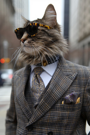Stylish cat in sunglasses and suit with tie on blurred background, copy space for textの素材
