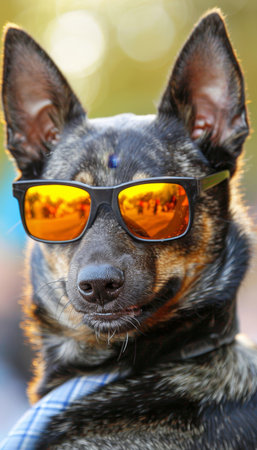 Stylish dog in sunglasses and suit with tie on blurred background, perfect for text placementの素材
