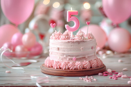 Number 5 candle on festive cake with balloons for birthday or anniversary celebrationの素材