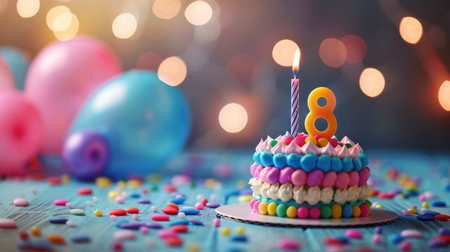 Celebration cake with  8  candle, balloons, and party decor on blurred backgroundの素材