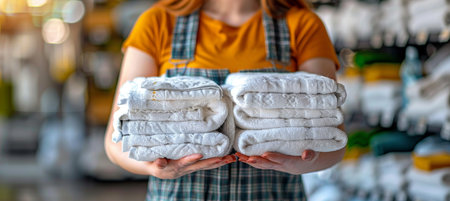 Laundry worker with clean towels giving thumbs up in front of blurred laundry backgroundの素材