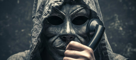Fraud alert  masked man engages in deceptive phone call, illustrating telephone scam conceptの素材